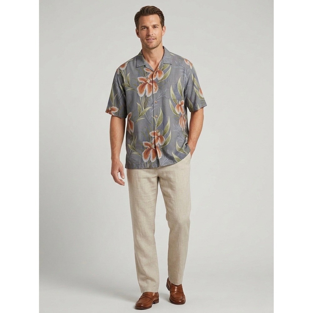Tommy Bahama Mens XXL Silk Camp Shirt Tropical Floral Blue Gray 133-T35136